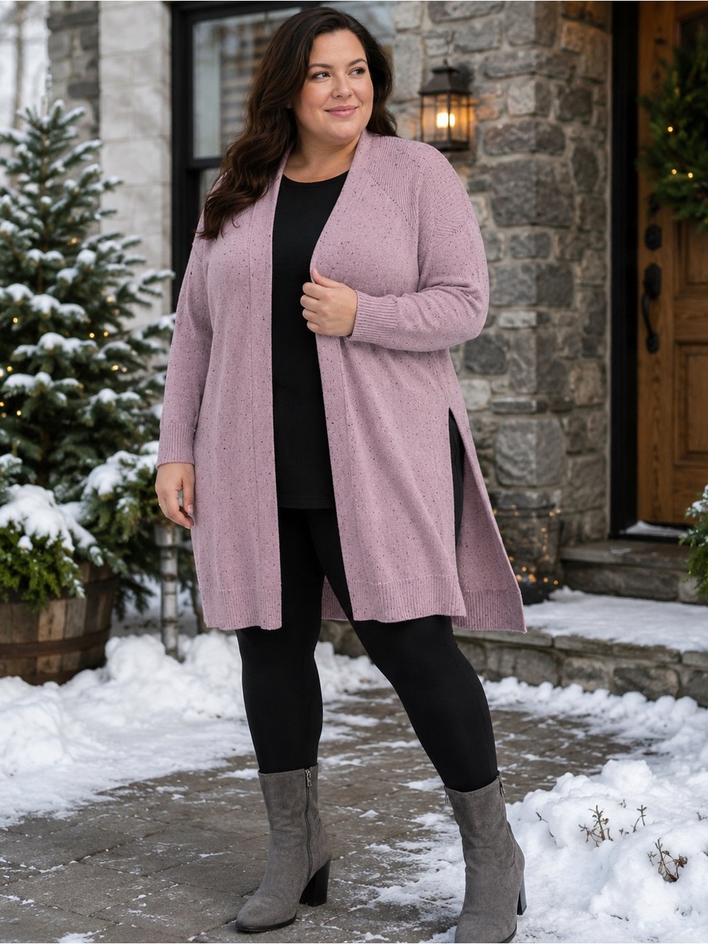 Cozy Open-Front Pink Heather Cardigan Sweater 1X Plus 36” long